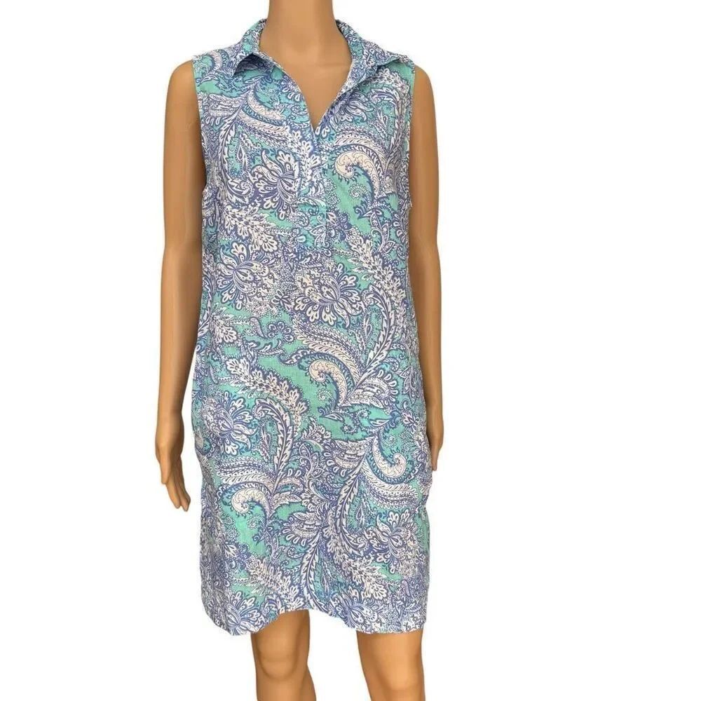 Cynthia Rowley 100% Linen Dress Women’s Size 10 Blues Paisley V-Neck
